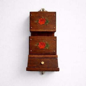 Retro Wooden Wall Hanging with Drawer & Floral Rose Detail